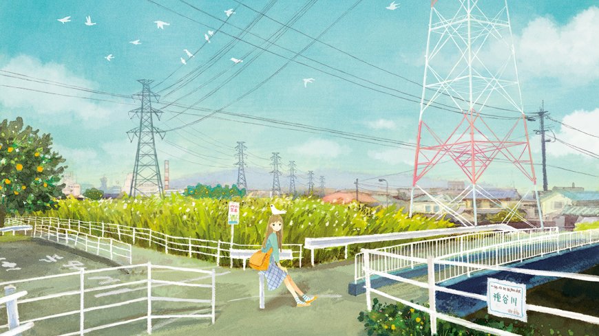 少女坐桥边白鸽停肩青绿田园风插画电脑壁纸