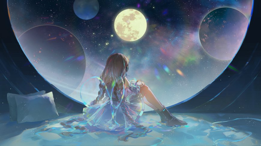 少女坐于星海窗前仰望多行星夜空蓝紫梦幻插画电脑壁纸