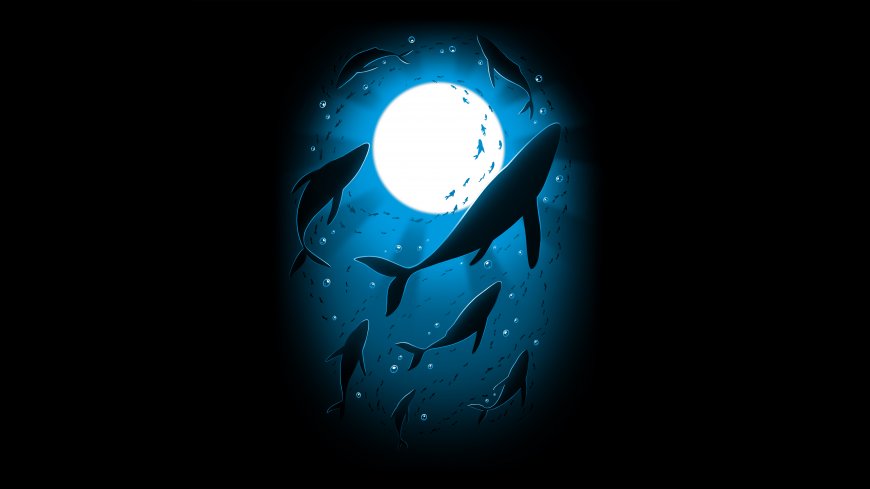 深海鲸群环绕月光蓝调奇幻插画电脑壁纸