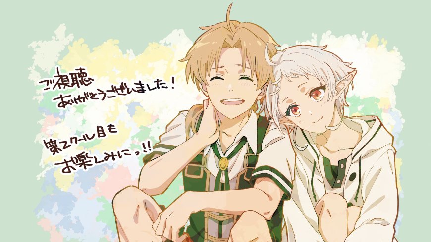 无职转生鲁迪乌斯与希露菲叶特并肩微笑粉绿动漫电脑壁纸