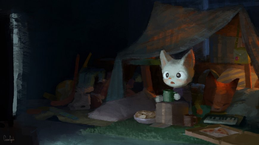 小猫露营帐篷夜灯暖橙插画电脑壁纸