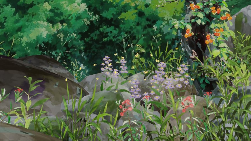 森林溪畔紫花红果绿意盎然清新插画电脑壁纸