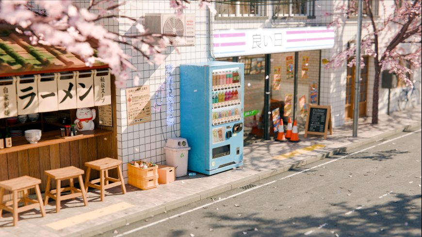 樱花飘落日式街角拉面摊与蓝机暖阳城市建筑电脑壁纸