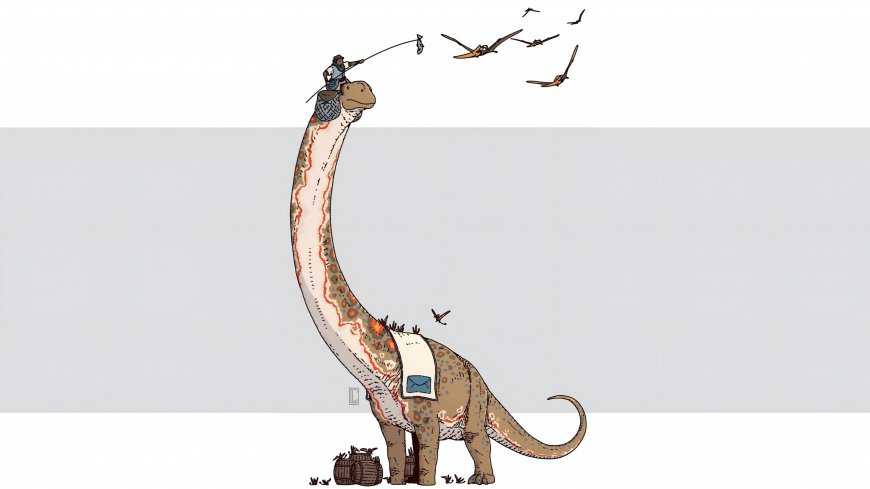 长颈龙驮人钓鱼飞鸟环绕棕白奇幻插画电脑壁纸