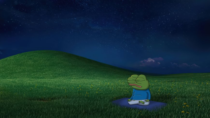 悲伤蛙佩奇草地上冥想星空蓝绿动漫电脑壁纸