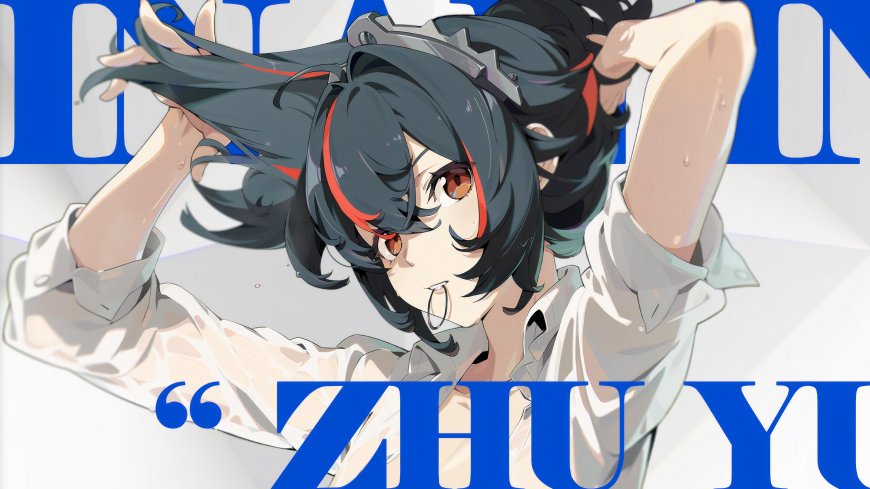 绝区零 朱鸢黑发红瞳少女抬手撩发蓝白动漫电脑壁纸