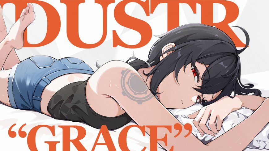 绝区零格蕾丝黑发红瞳少女侧卧白床橙字动漫电脑壁纸