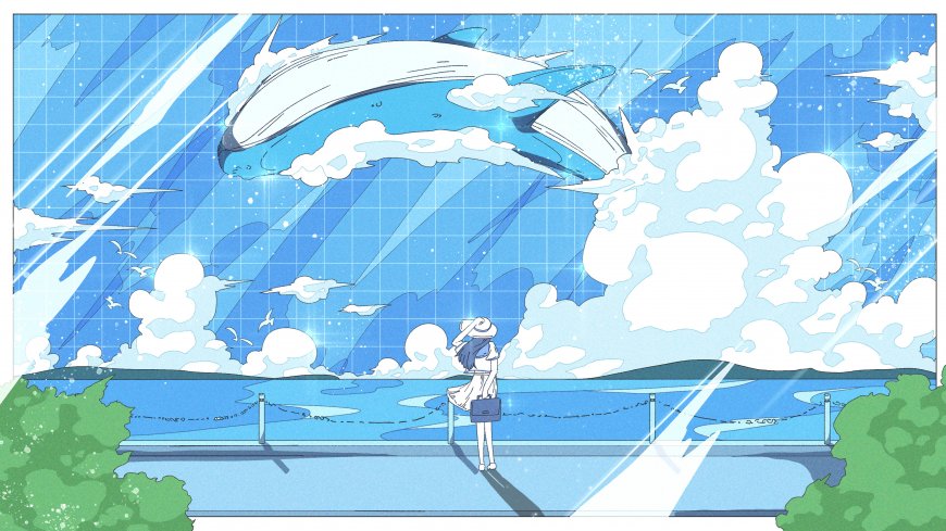 蓝鲸跃空少女仰望云海星光蓝白动漫电脑壁纸