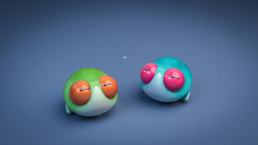 两个圆润卡通外星生物大眼呆萌蓝紫背景创意3D渲染插画电脑壁纸