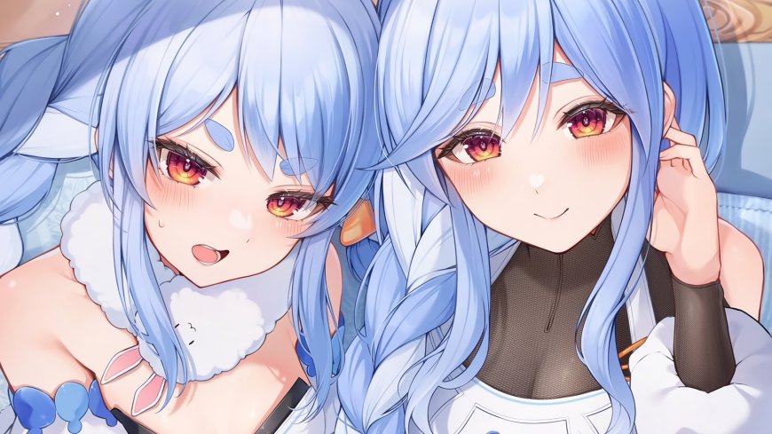 hololive 兔田佩克拉和雪花菈米蓝发红瞳少女亲密互动粉紫动漫电脑壁纸
