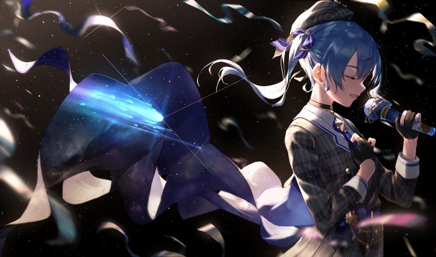 hololive 星街彗星少女持麦演唱星尘飘带环绕暗紫梦幻动漫电脑壁纸