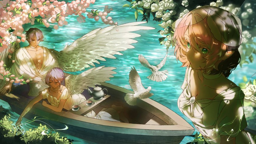 动漫角色天使少女与紫发少年泛舟花海碧水间绿白唯美插画电脑壁纸