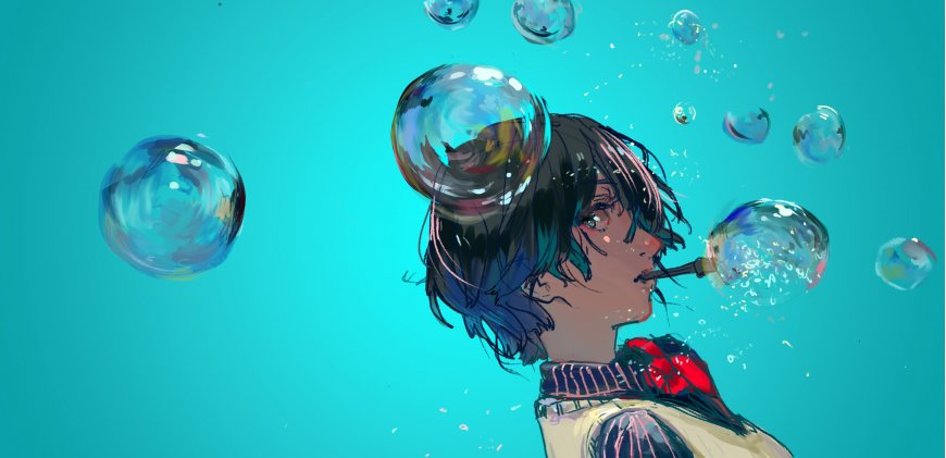 动漫少女水下吹泡泡蓝绿清新插画电脑壁纸