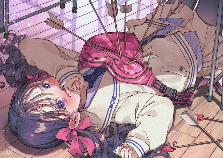 动漫少女紫发蓝眼躺地粉色书包插满箭矢粉紫唯美动漫电脑壁纸