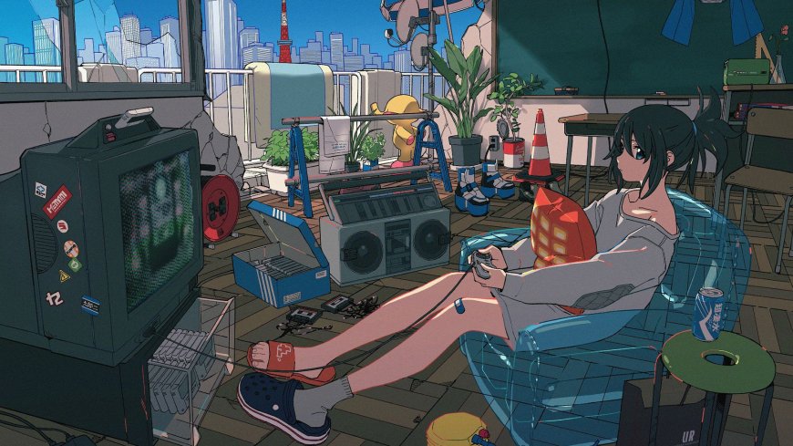 动漫少女阳台游戏怀旧风蓝灰调动漫电脑壁纸