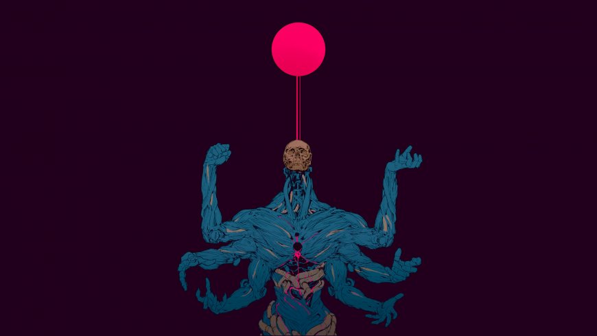 多臂骷髅蓝肌怪物头顶粉球暗紫奇幻插画电脑壁纸