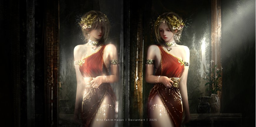 古风少女红金长裙花冠头饰暗金唯美插画电脑壁纸