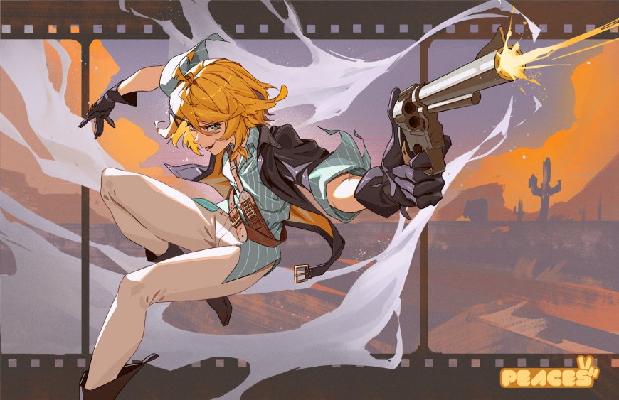 画师 PEACES 原创西部风格金发枪手插画动漫电脑壁纸