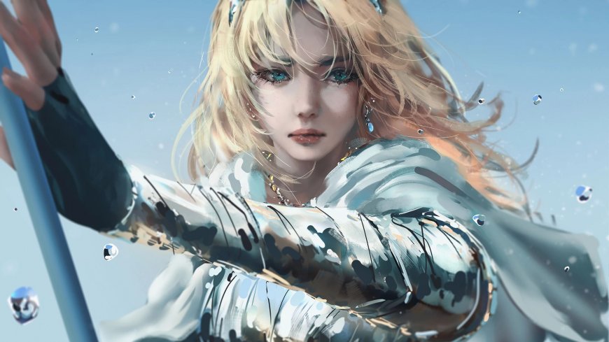 金发蓝眸少女银白战衣水珠飞溅蓝白动漫电脑壁纸
