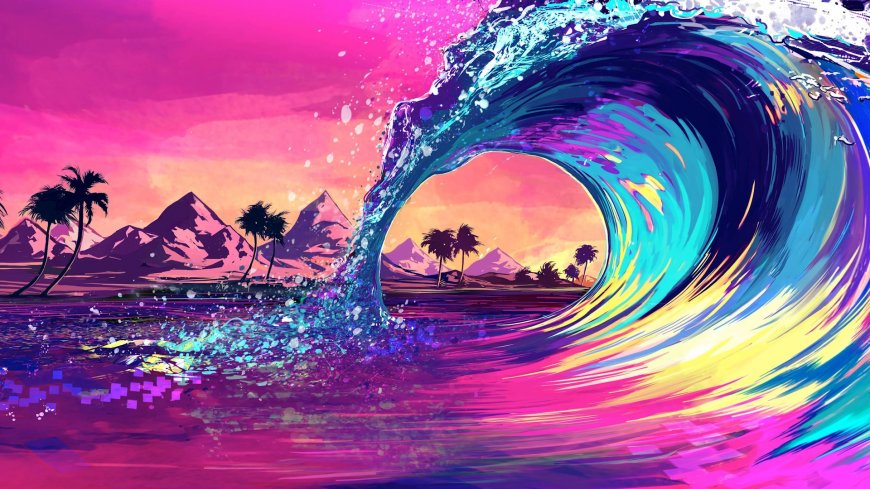 巨浪卷曲穿透热带岛屿粉紫蓝黄渐变CG插画电脑壁纸