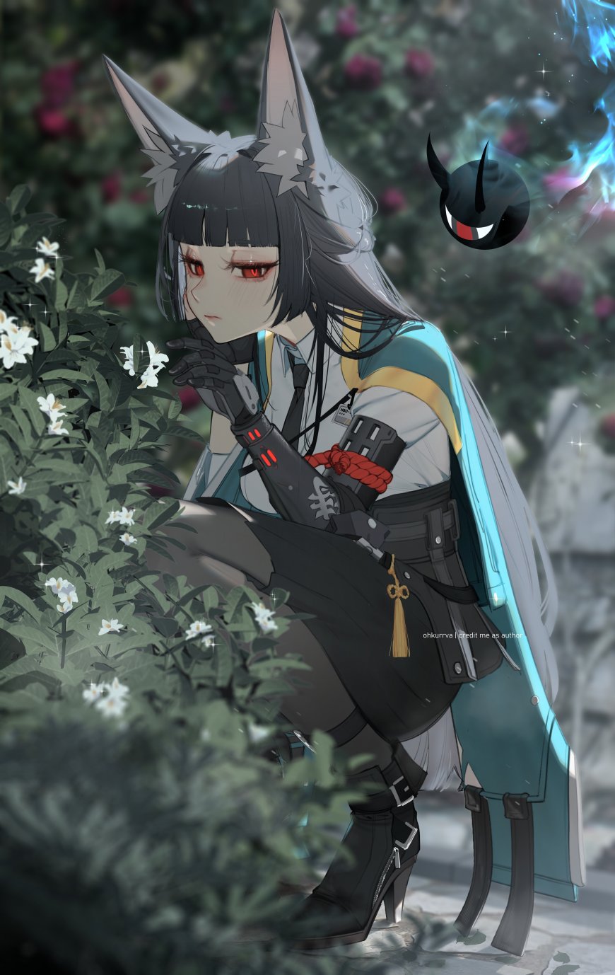 绝区零猫又狐耳红瞳少女蹲姿白花丛中蓝绿调动漫手机壁纸