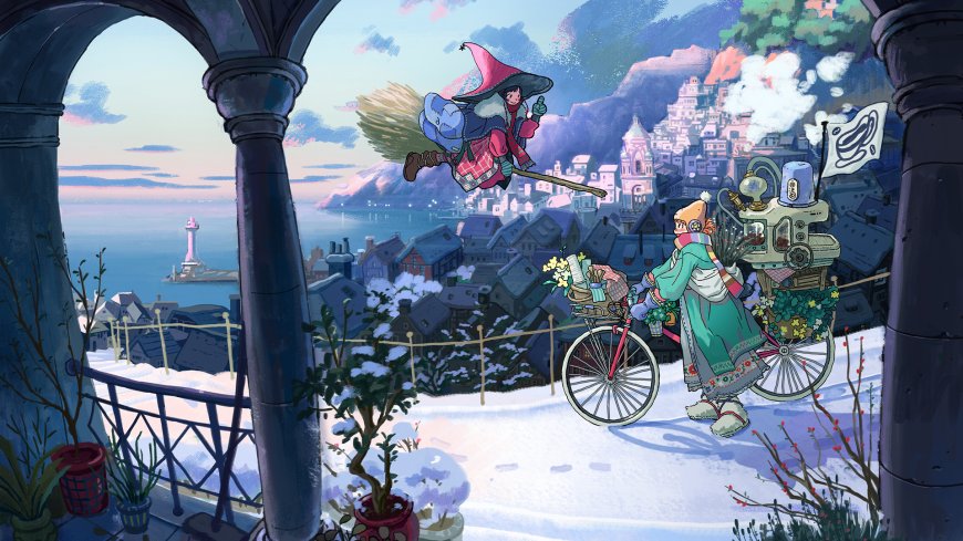 林中魔女查莉骑扫帚飞行雪镇少女动漫电脑壁纸