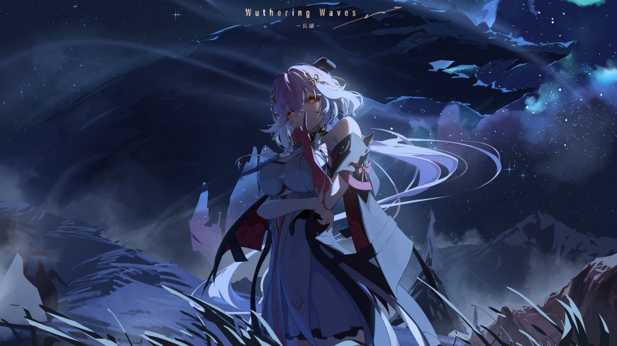 鸣潮长离紫白长发星夜山峦背景蓝紫梦幻动漫电脑壁纸