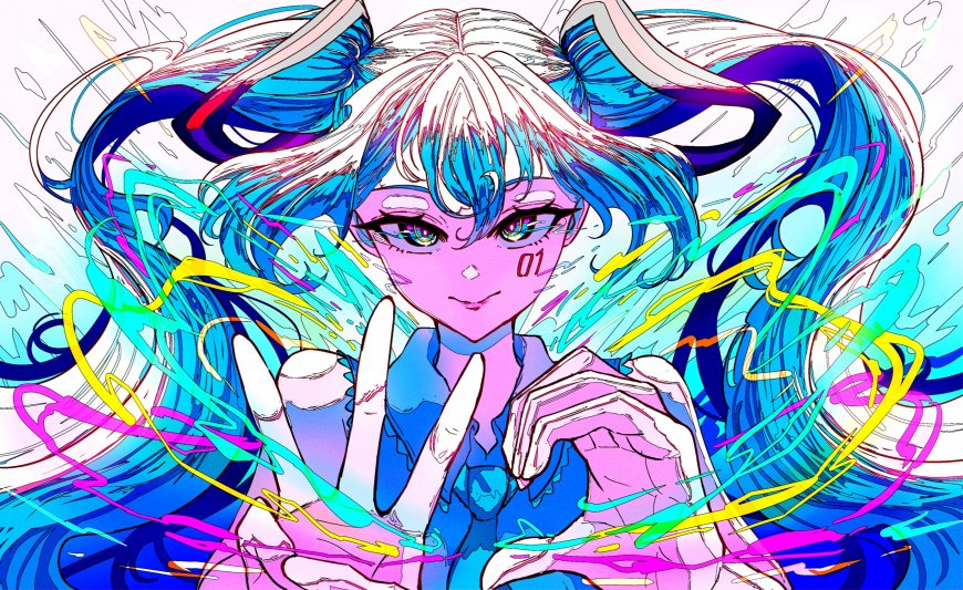 赛博朋克风格VOCALOID初音未来蓝发双马尾少女霓虹炫彩动漫电脑壁纸