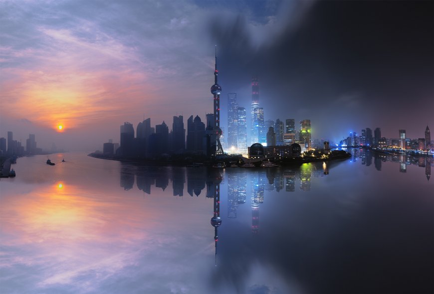 上海陆家嘴东方明珠塔夜景倒影蓝紫城市建筑电脑壁纸
