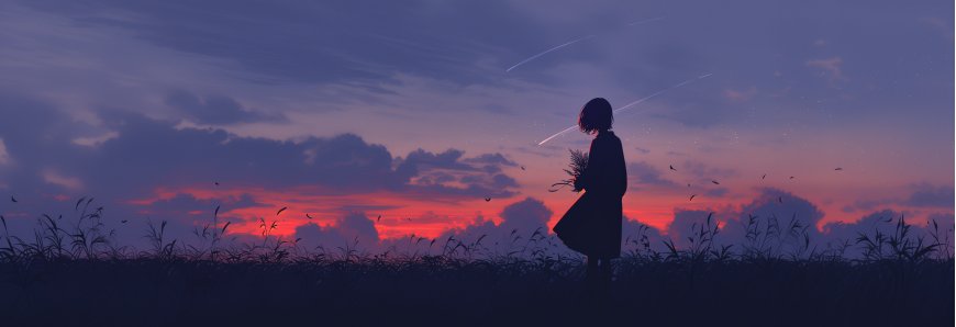 少女持花伫立草甸紫红渐变天空唯美插画电脑壁纸
