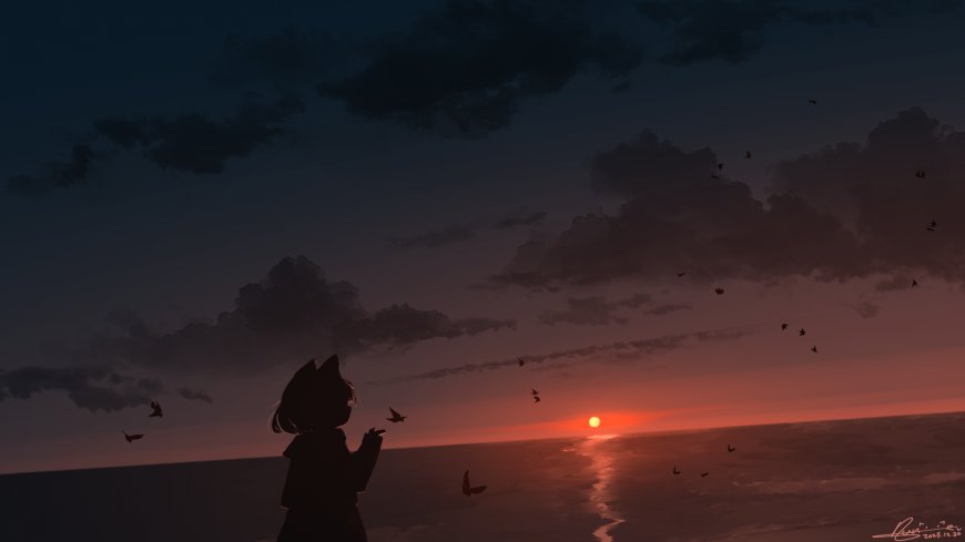 少女剪影海边日落余晖飞鸟相伴暗红紫渐变插画电脑壁纸