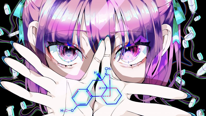 神乐Mea紫发双瞳少女手托化学结构式霓虹炫彩虚拟主播动漫电脑壁纸