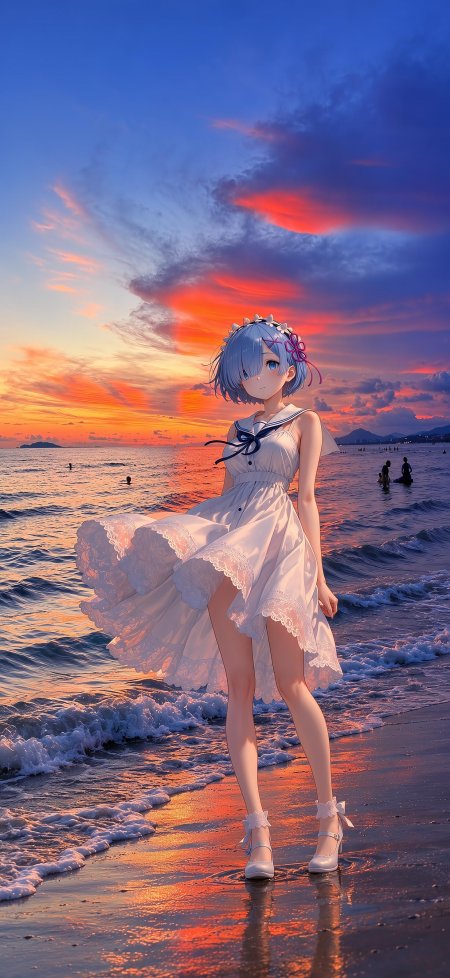 Re从零开始的异世界生活雷姆白裙海畔夕阳蓝紫动漫手机壁纸