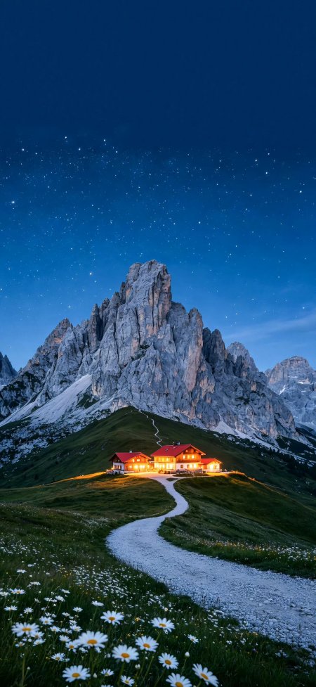 阿尔卑斯山峰星空下红顶小屋暖光蜿蜒石径白雏菊草地蓝紫夜景风景手机壁纸