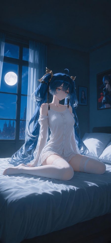 初音未来蓝发双马尾少女月夜卧室白裙蓝调动漫手机壁纸