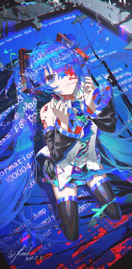 初音未来蓝发故障艺术赛博朋克风格蓝紫动漫手机壁纸