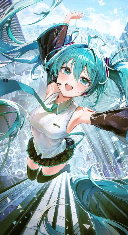 初音未来蓝发双马尾跃动城市天际线青蓝动漫手机壁纸