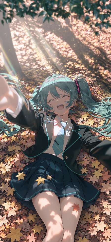 初音未来秋日落叶自拍蓝绿双马尾少女动漫手机壁纸