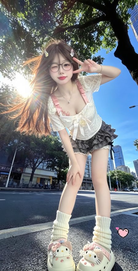 戴眼镜美女街头比耶阳光洒落暖金人物摄影手机壁纸