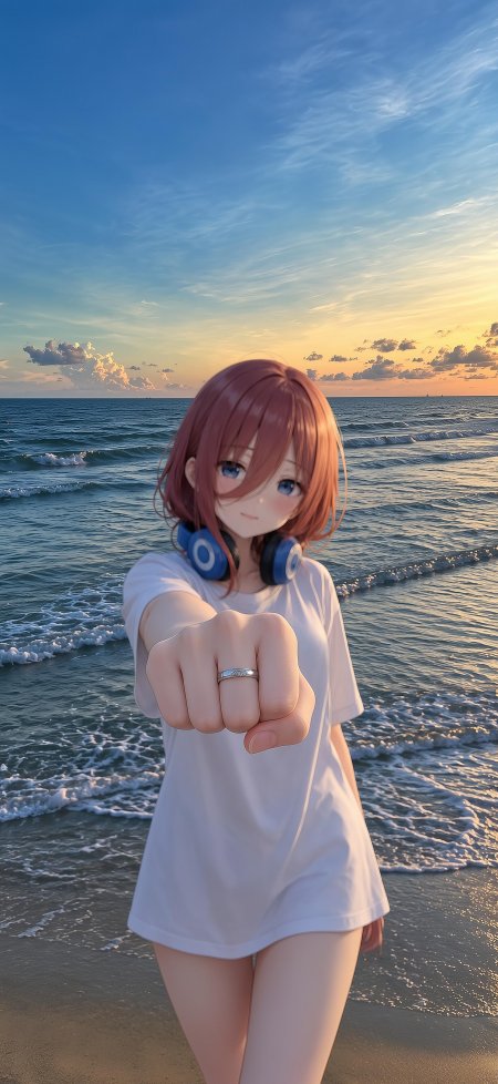 动漫少女海滩伸拳蓝白渐变唯美手机壁纸