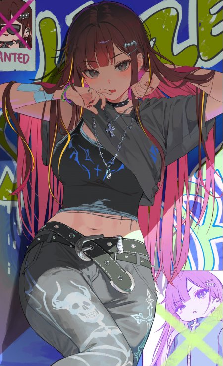 动漫少女红棕长发街头涂鸦背景粉紫蓝调动漫手机壁纸
