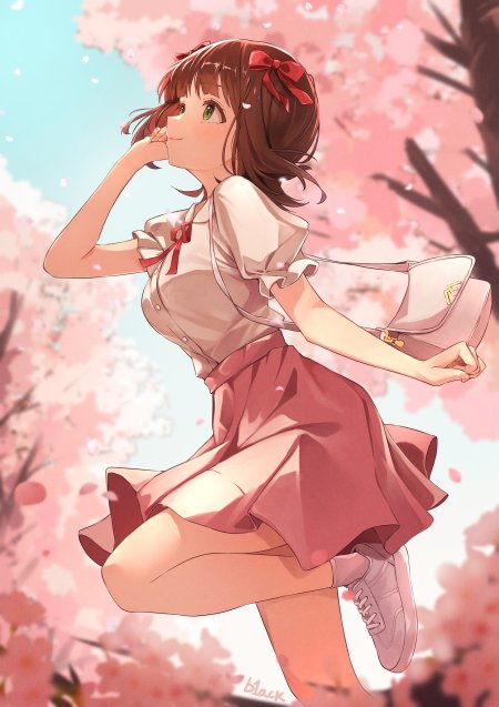 动漫少女樱花树下跃起粉白唯美动漫手机壁纸