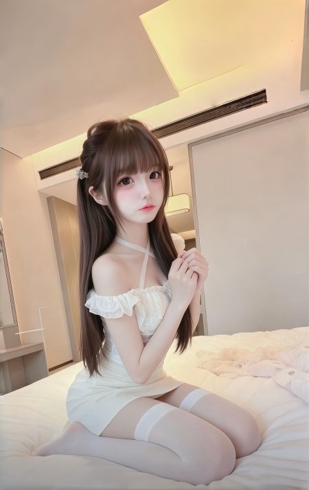 二次元美女白裙坐床温柔浅笑暖白人物摄影手机壁纸