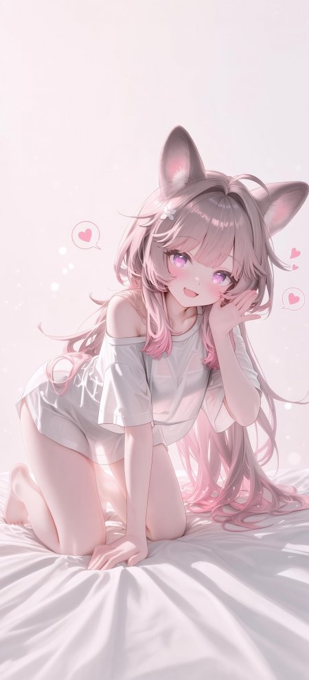 粉发猫耳少女跪坐床榻微笑粉紫动漫手机壁纸