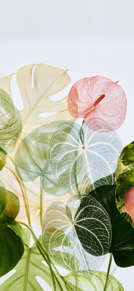 粉红花烛与龟背竹叶层叠透光绿意清新花卉植物手机壁纸