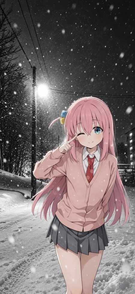 粉色长发少女雪夜俏皮蓝眼校服动漫手机壁纸