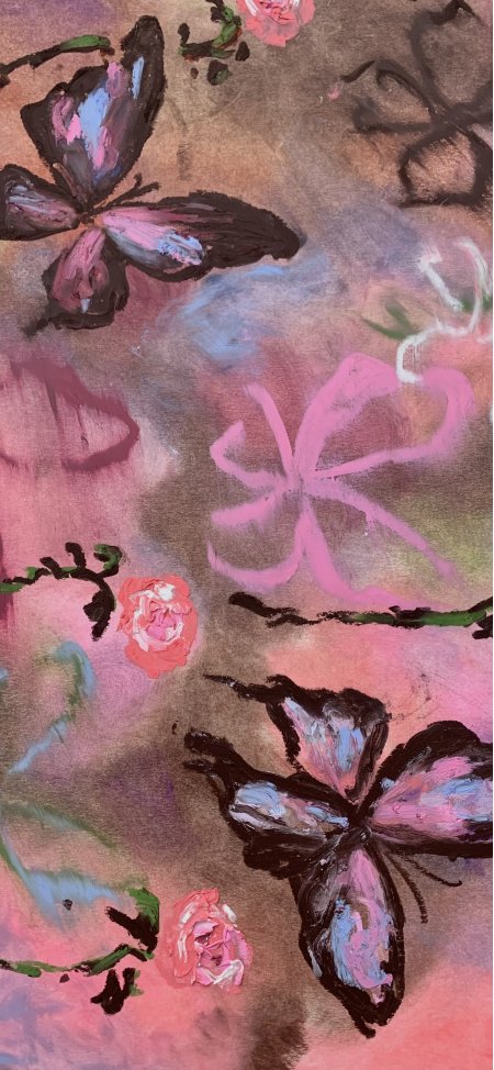 粉紫蝴蝶与玫瑰花丛手绘抽象艺术暖粉绘画手机壁纸