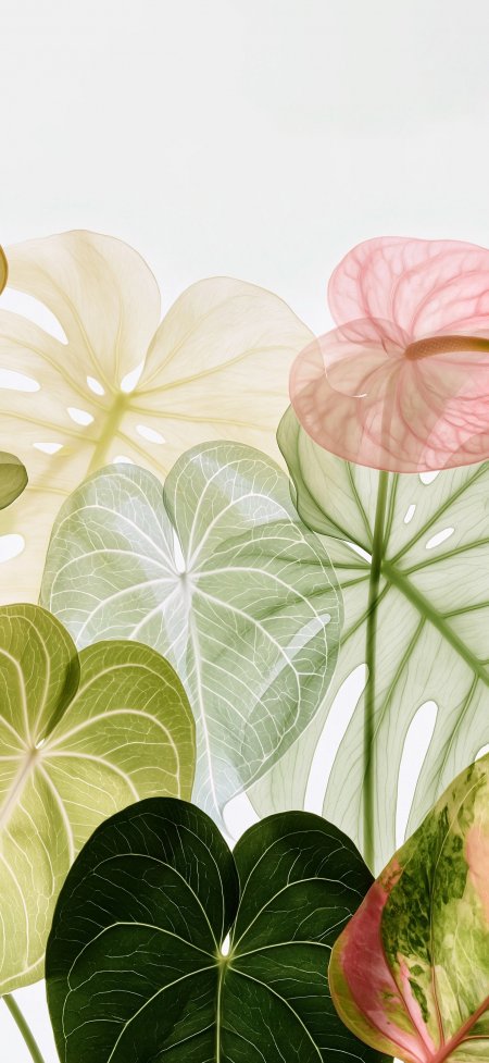 龟背竹与红掌叶片透光纹理清新绿粉花卉植物手机壁纸