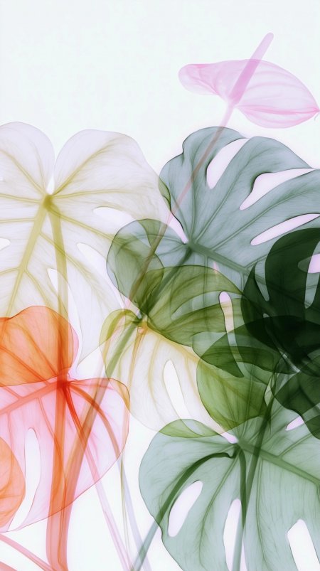 龟背竹与红掌叶层叠透光粉绿清新花卉植物手机壁纸