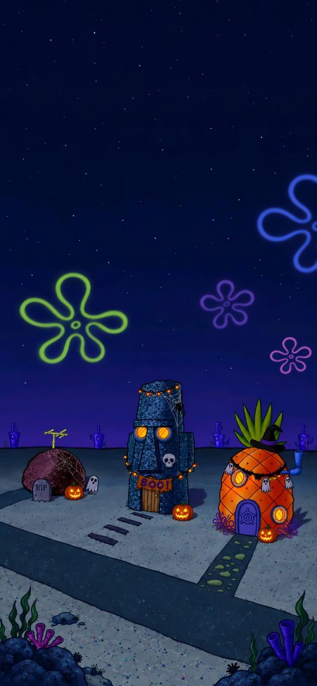 海绵宝宝比奇堡万圣节夜景蓝紫星空动漫手机壁纸